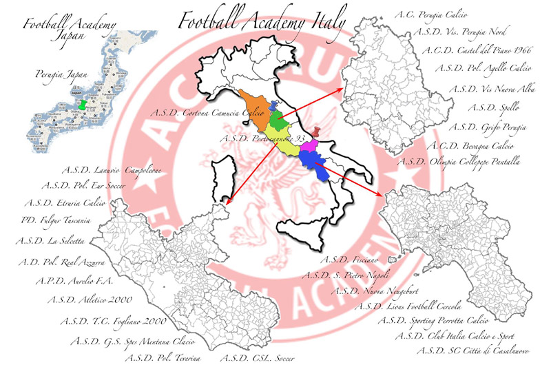 la mappa delle affiliazioni della Perugia Football Academy